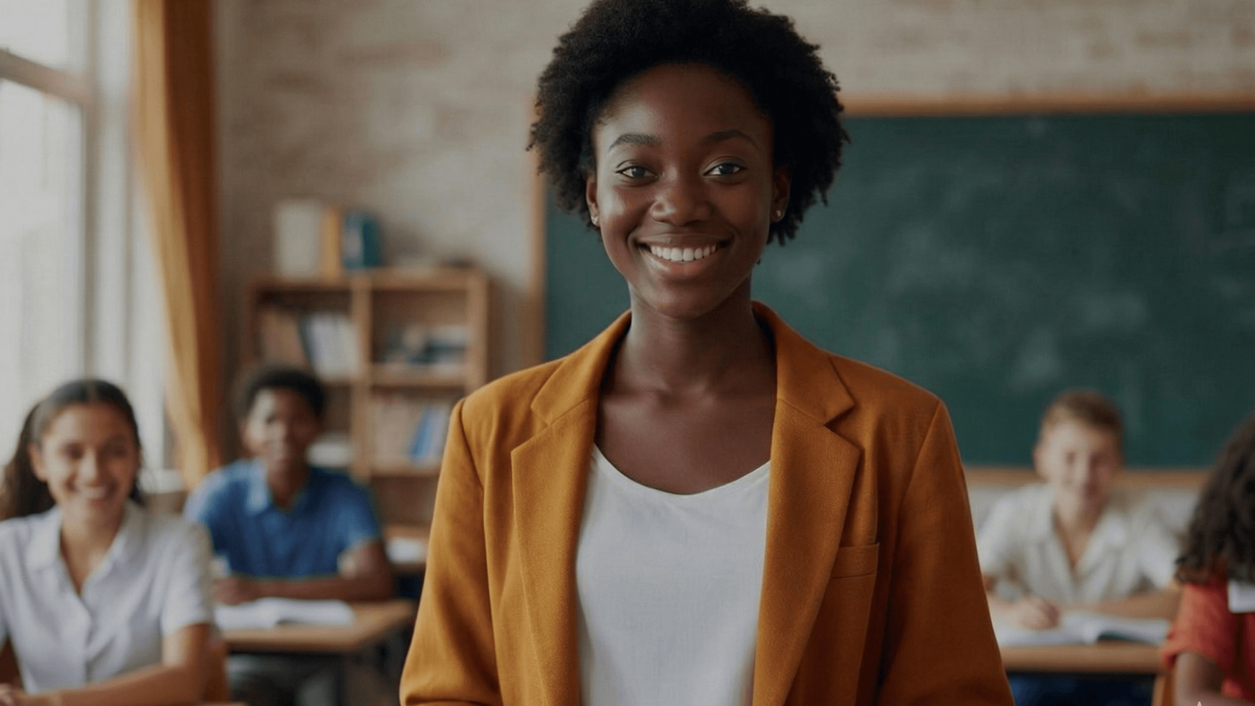 Enseignante en classe, élèves en arrière-plan